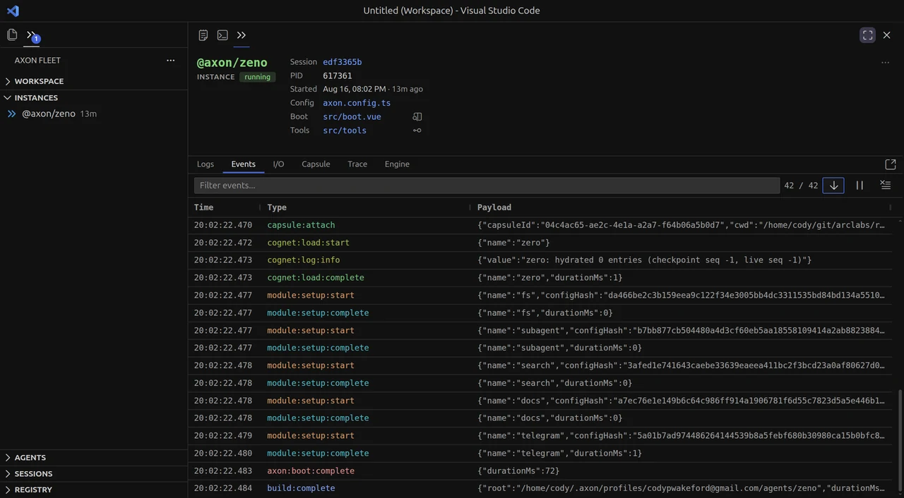 The Fleet events panel: a running instance of @axon/zeno with its session id and boot file, above a live list of capsule, cognet and module events