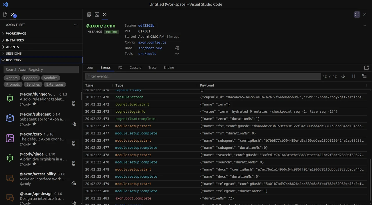 The Fleet registry panel, browsing published agents and modules for installation without leaving the editor