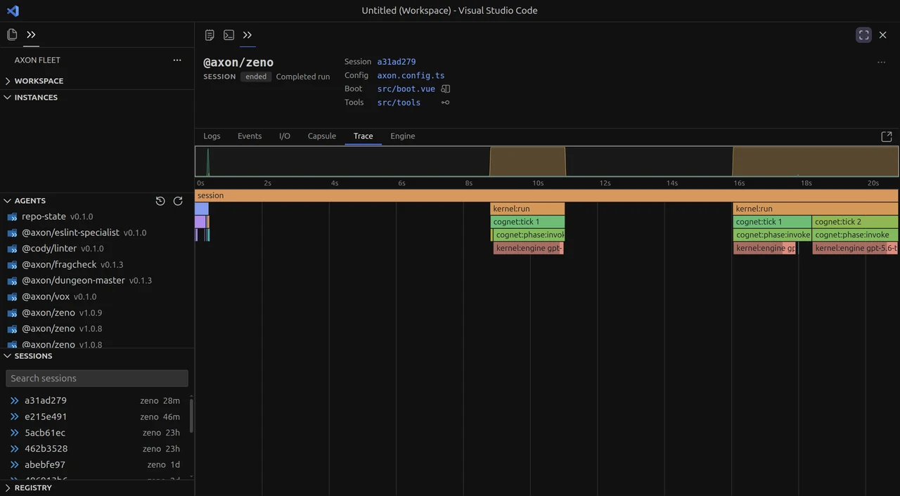 A session trace in Fleet: a flame graph of one agent run with kernel, cognet and engine spans on a shared time axis, beside the installed agents and recent sessions