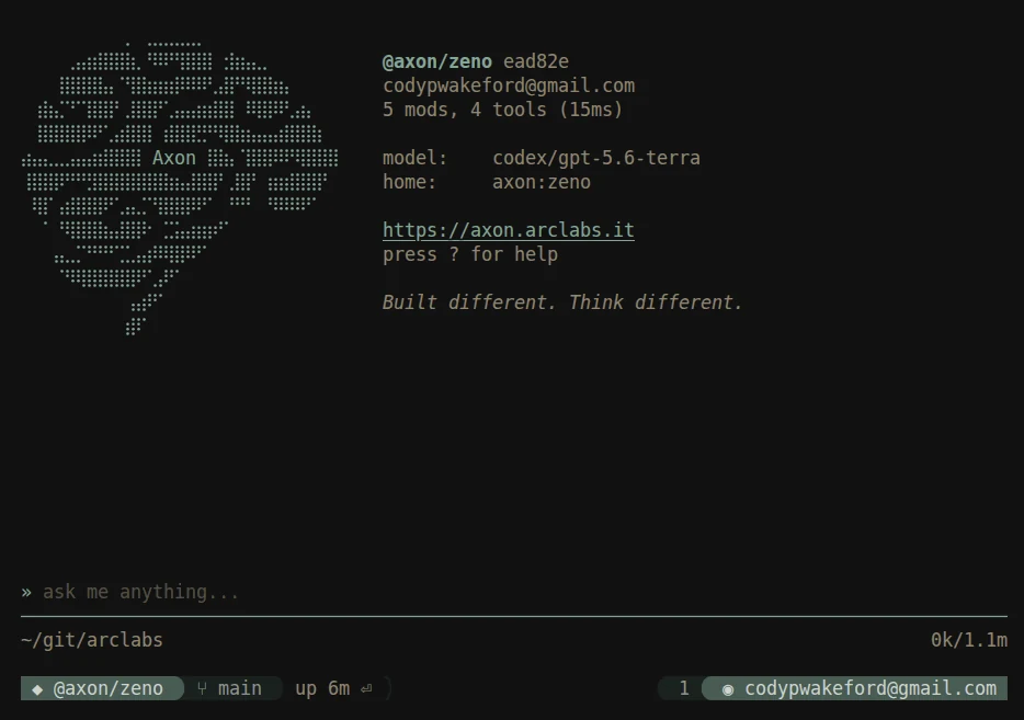 The same terminal themed in warm Gruvbox greens with a rounded powerline bar beneath the input showing agent, branch and uptime
