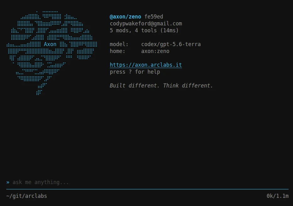 The Axon terminal as it ships: the braille brain logo, the connected agent, its model and tool counts, and the input bar
