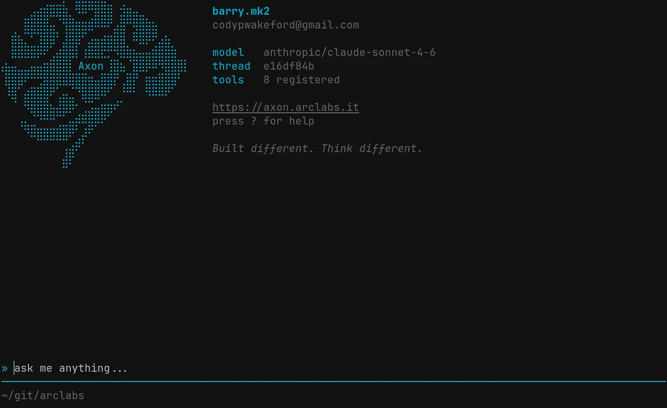 Axon TUI connected to an agent